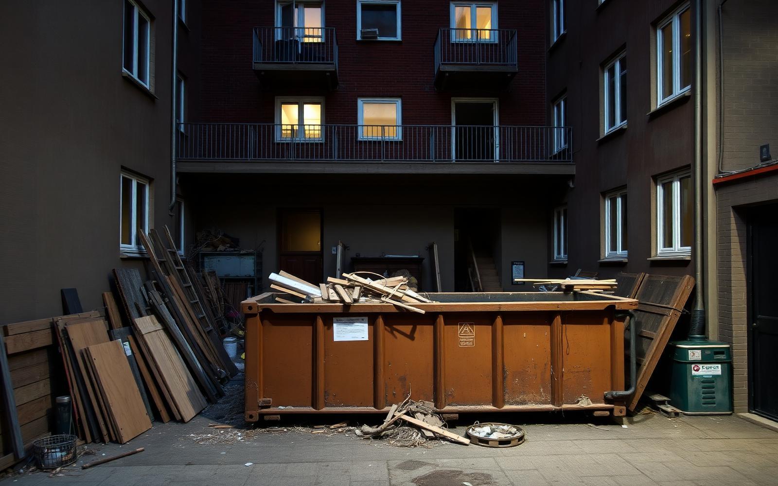 Byggeplads i København med container til byggeaffald